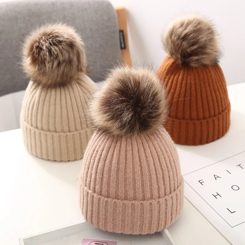 Solid Color Baby Wool Hat Winter Warm Knitted Beanie Cap for Toddler Boy Girl Cute Pompom Kids Crochet Hats Bonnet