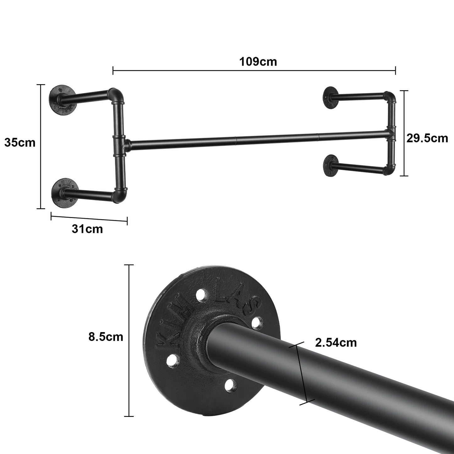 Industrial Pipe Clothes Rack Wall Mounted Hanging Bar Garment Rack Rail Detachable Bedroom Space-Saver for Home