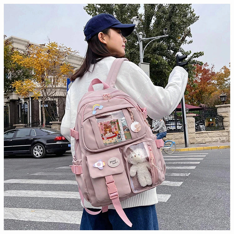 High School Backpack Children Backpacks For Students Kawaii Patchwork Large Capacity School Bags For Girls Handbag Pencil Bag