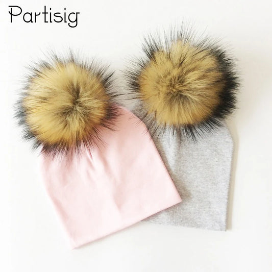 Autumn Winter Boy Girl Faux Raccoon Fur Cotton Kids Caps Baby Beanie Hats With Pompon Children's Accessories