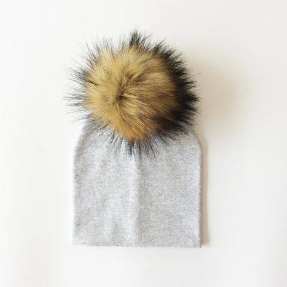 Autumn Winter Boy Girl Faux Raccoon Fur Cotton Kids Caps Baby Beanie Hats With Pompon Children's Accessories