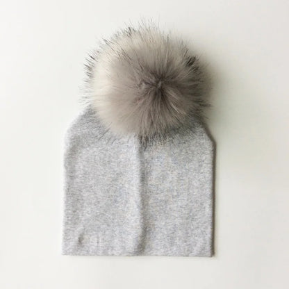 Autumn Winter Boy Girl Faux Raccoon Fur Cotton Kids Caps Baby Beanie Hats With Pompon Children's Accessories