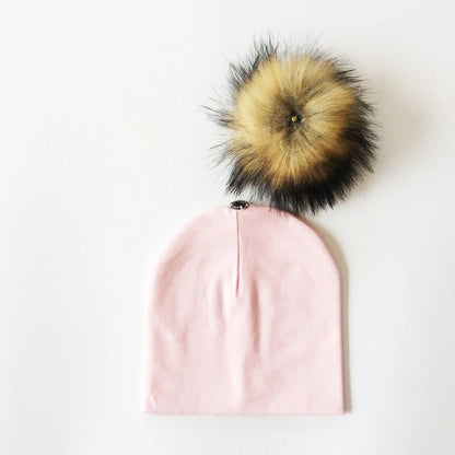 Autumn Winter Boy Girl Faux Raccoon Fur Cotton Kids Caps Baby Beanie Hats With Pompon Children's Accessories