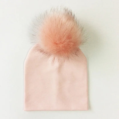 Autumn Winter Boy Girl Faux Raccoon Fur Cotton Kids Caps Baby Beanie Hats With Pompon Children's Accessories