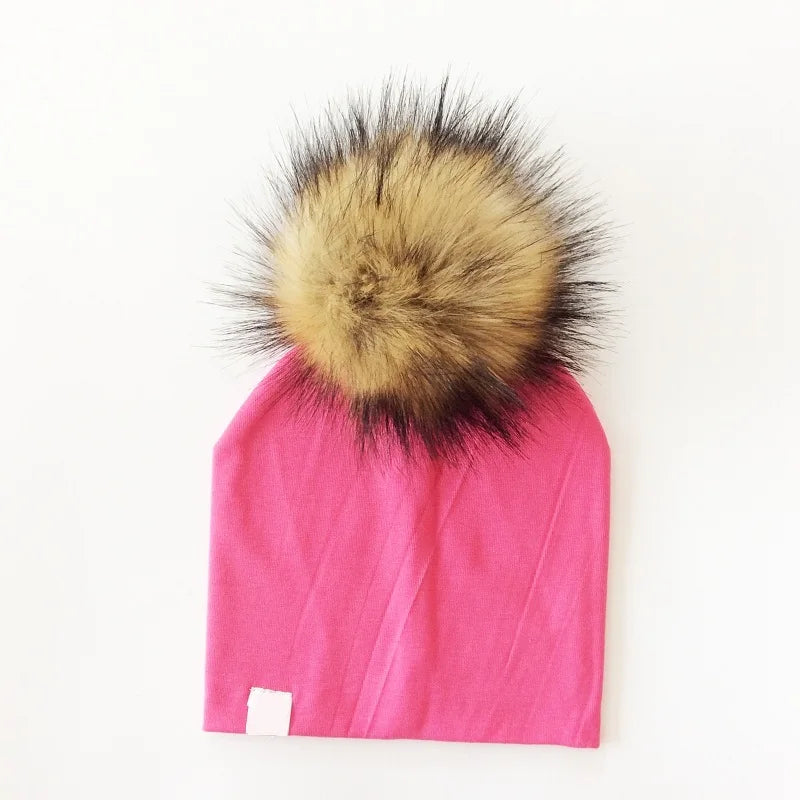 Autumn Winter Boy Girl Faux Raccoon Fur Cotton Kids Caps Baby Beanie Hats With Pompon Children's Accessories