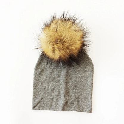 Autumn Winter Boy Girl Faux Raccoon Fur Cotton Kids Caps Baby Beanie Hats With Pompon Children's Accessories