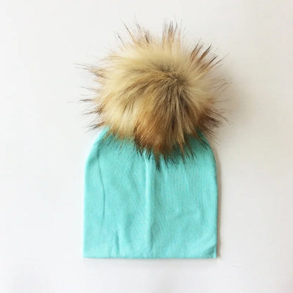 Autumn Winter Boy Girl Faux Raccoon Fur Cotton Kids Caps Baby Beanie Hats With Pompon Children's Accessories