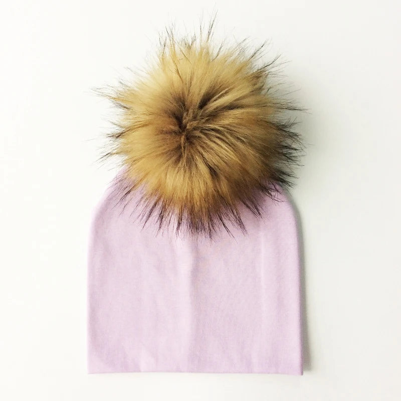 Autumn Winter Boy Girl Faux Raccoon Fur Cotton Kids Caps Baby Beanie Hats With Pompon Children's Accessories