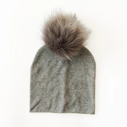 Autumn Winter Boy Girl Faux Raccoon Fur Cotton Kids Caps Baby Beanie Hats With Pompon Children's Accessories