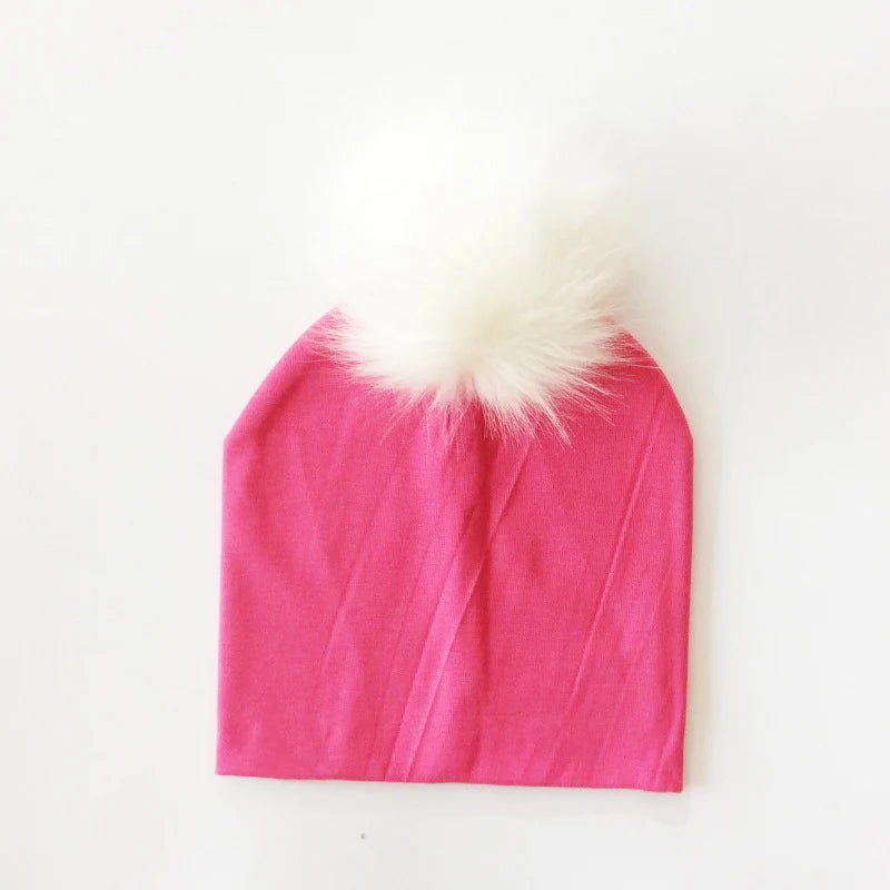 Autumn Winter Boy Girl Faux Raccoon Fur Cotton Kids Caps Baby Beanie Hats With Pompon Children's Accessories