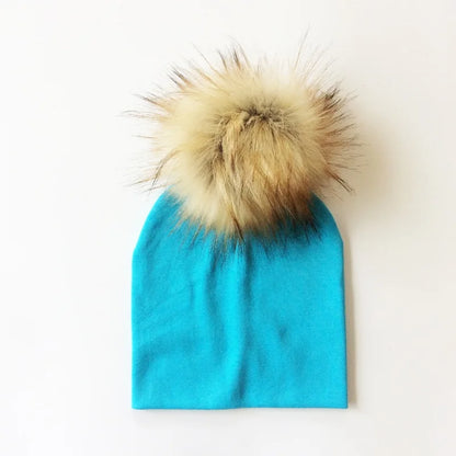 Autumn Winter Boy Girl Faux Raccoon Fur Cotton Kids Caps Baby Beanie Hats With Pompon Children's Accessories