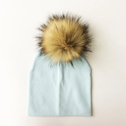 Autumn Winter Boy Girl Faux Raccoon Fur Cotton Kids Caps Baby Beanie Hats With Pompon Children's Accessories