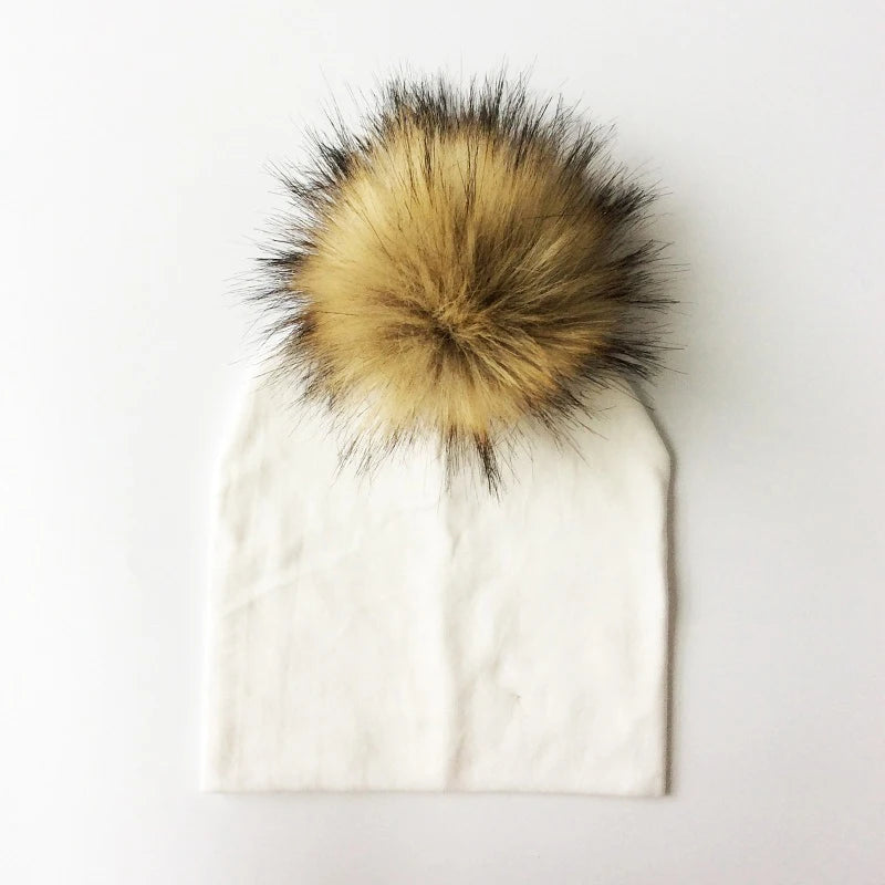 Autumn Winter Boy Girl Faux Raccoon Fur Cotton Kids Caps Baby Beanie Hats With Pompon Children's Accessories