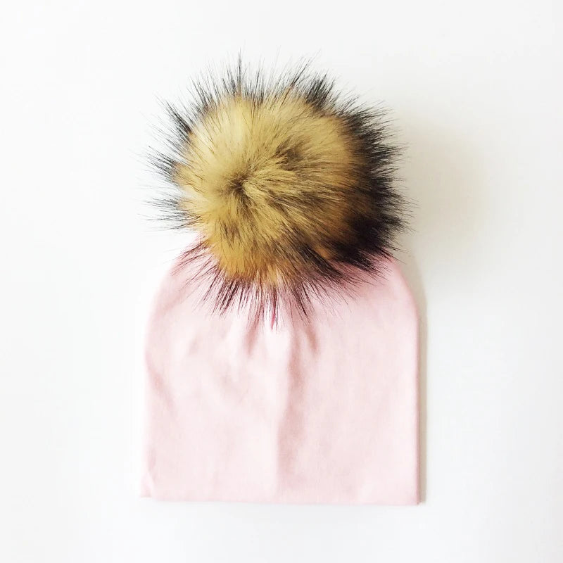 Autumn Winter Boy Girl Faux Raccoon Fur Cotton Kids Caps Baby Beanie Hats With Pompon Children's Accessories