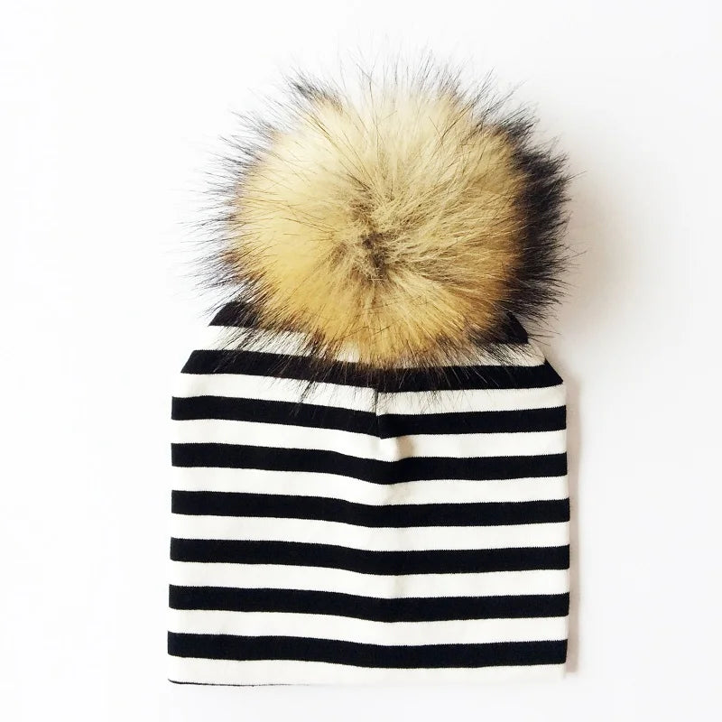 Autumn Winter Boy Girl Faux Raccoon Fur Cotton Kids Caps Baby Beanie Hats With Pompon Children's Accessories