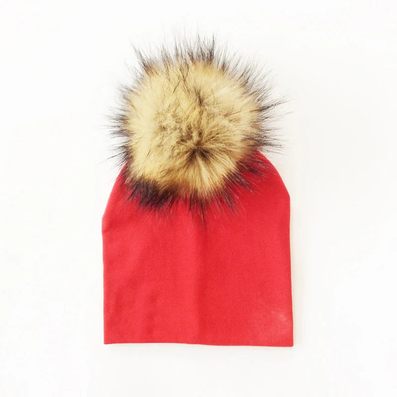 Autumn Winter Boy Girl Faux Raccoon Fur Cotton Kids Caps Baby Beanie Hats With Pompon Children's Accessories