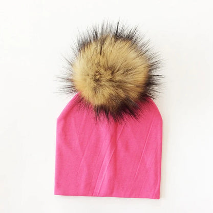 Autumn Winter Boy Girl Faux Raccoon Fur Cotton Kids Caps Baby Beanie Hats With Pompon Children's Accessories