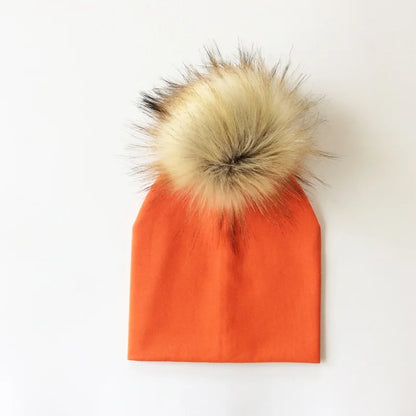 Autumn Winter Boy Girl Faux Raccoon Fur Cotton Kids Caps Baby Beanie Hats With Pompon Children's Accessories