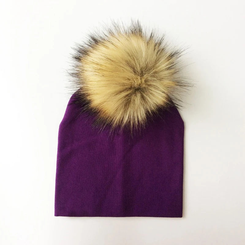 Autumn Winter Boy Girl Faux Raccoon Fur Cotton Kids Caps Baby Beanie Hats With Pompon Children's Accessories