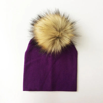 Autumn Winter Boy Girl Faux Raccoon Fur Cotton Kids Caps Baby Beanie Hats With Pompon Children's Accessories