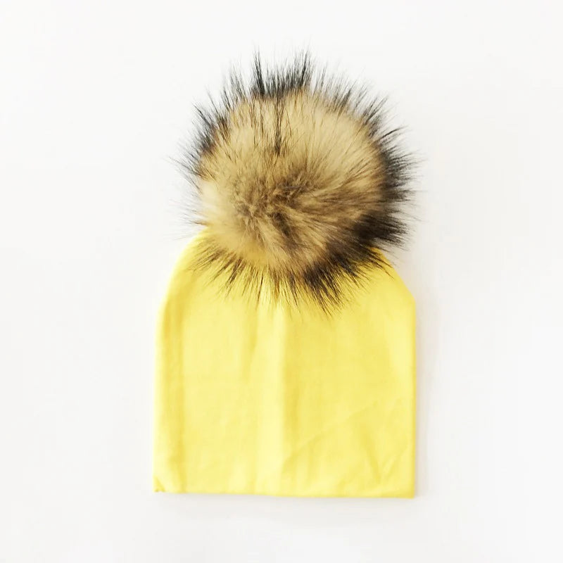 Autumn Winter Boy Girl Faux Raccoon Fur Cotton Kids Caps Baby Beanie Hats With Pompon Children's Accessories