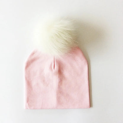 Autumn Winter Boy Girl Faux Raccoon Fur Cotton Kids Caps Baby Beanie Hats With Pompon Children's Accessories