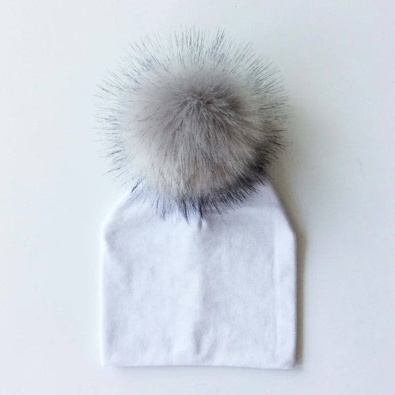 Autumn Winter Boy Girl Faux Raccoon Fur Cotton Kids Caps Baby Beanie Hats With Pompon Children's Accessories