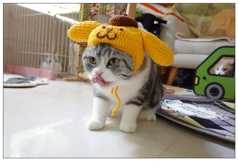 Sanliou Pom Pom Purin Pet Disguise Cap Cat Head Cover Handmade Cat Headdress British Shorthair American Shorthair Cotton Doll Ornament