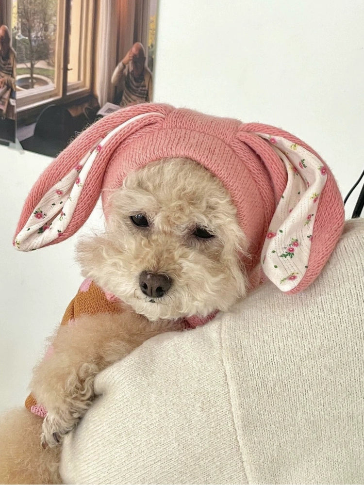 Pet Hat Autumn and Winter Warm Knitted Hat Casual Cute Rabbit Ears Headwear Dogs and Cats Break Neutral Pink