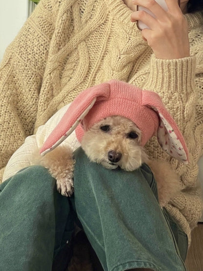 Pet Hat Autumn and Winter Warm Knitted Hat Casual Cute Rabbit Ears Headwear Dogs and Cats Break Neutral Pink