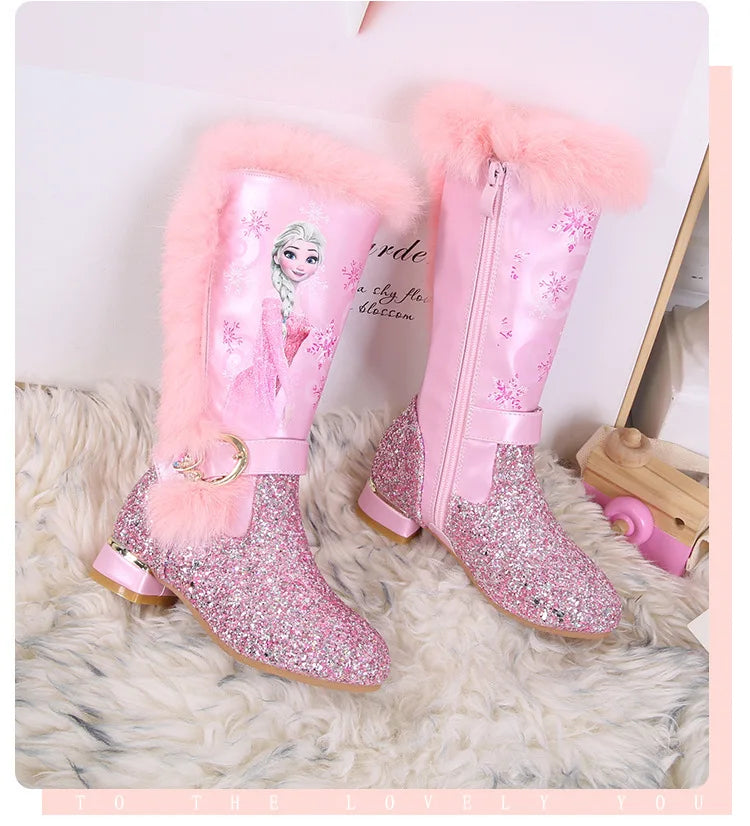 Disney Girls' High Heel Boots Winter Children's High Sleeve Plush Snow Warm Boots Princess Elsa Long Pink Blue Boots Size 26-37