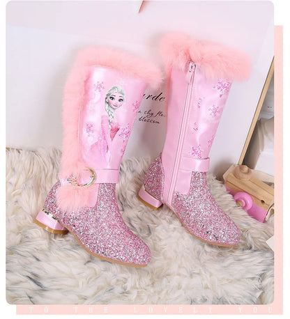 Disney Girls' High Heel Boots Winter Children's High Sleeve Plush Snow Warm Boots Princess Elsa Long Pink Blue Boots Size 26-37