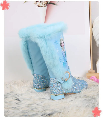 Disney Girls' High Heel Boots Winter Children's High Sleeve Plush Snow Warm Boots Princess Elsa Long Pink Blue Boots Size 26-37