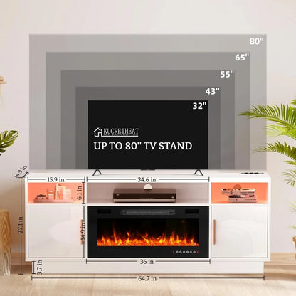 70'' TV Stand with 36'' Fireplace-LED Light Entertainment Center for 75+ Inch TV-White TV Cabinet with Storage,Modern TV Console