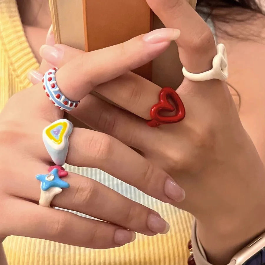 2023 Colorful Enamel Heart Sweet Ring Trendy Geometric Dripping Oil for Women Girls Funny Y2K Chunky Jewelry Summer NEW