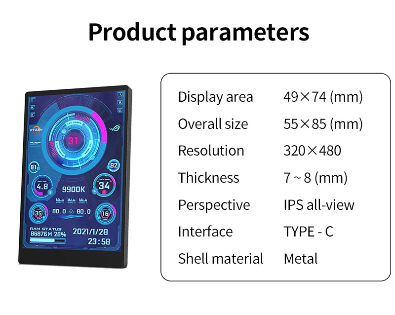 3.5 Inch IPS Type C Secondary Screen for Computer CPU GPU RAM HDD Display 320*480 USB LCD Monitor Freely AIDA64 Windows 10 11