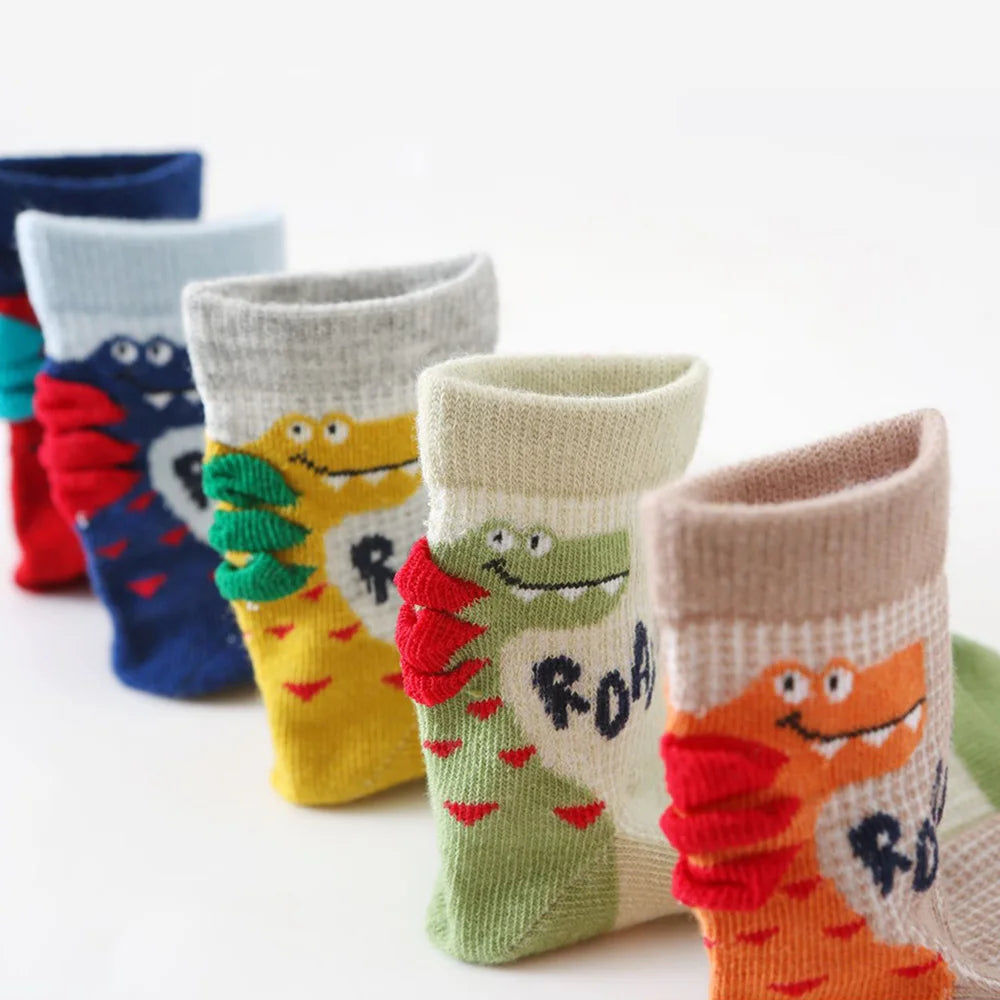 5 Pairs Kids Socks Cotton Cartoon Dinosaur Pattern Mesh Breathable Comfy For Boys Socks