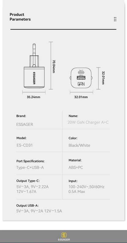 Essager 20W GaN USB Type C Charger PD Fast Charge Phone QC 3.0 Quick Chargers For iPhone 14 13 12 11 Pro Max Mini iPad Charging