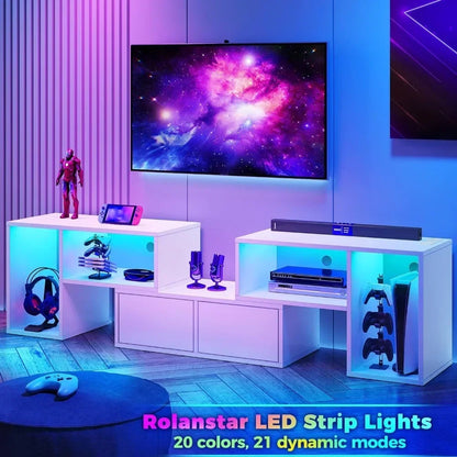 Rolanstar TV Stand, Deformable TV Stand with Power Outlets & LED Strip, Modern Entertainment Cent