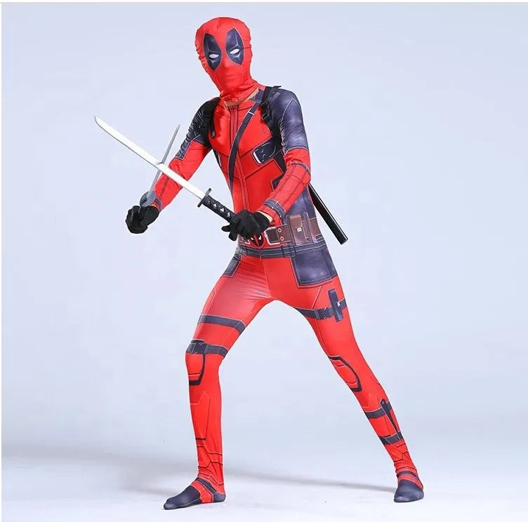 Superhero Deadpool DeadpoolMask Jumpsuit Halloween Adult and Kids Cosplay Party Costume Sword Bag Jumpsuit