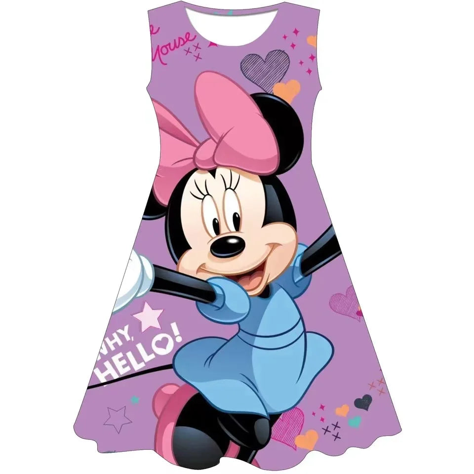 Minnie Mouse Girls Dress 2024 Summer New Girls Round Collar Disney Series Cartoon Casual Dresses Party Evening One Piece Skirts