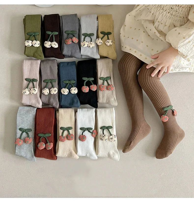 Baby's Fashion Pantyhose Kid's Korean Style Cute Cherry Tights Girls Cotton Knitted Leggings Long Stocking Girl Tights Stocking