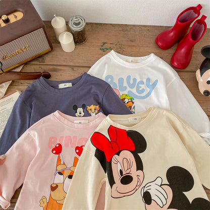 Trendy Brand Disney Children T-shirt Long-sleeved Tops Spring/autumn Clothing Kids Bottoming Shirt Cartoon Crewneck Girl Blouse