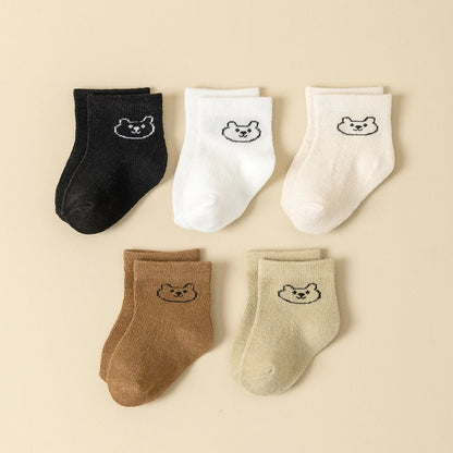 5pairs/set Baby Cartoon Pattern & Solid Color Socks