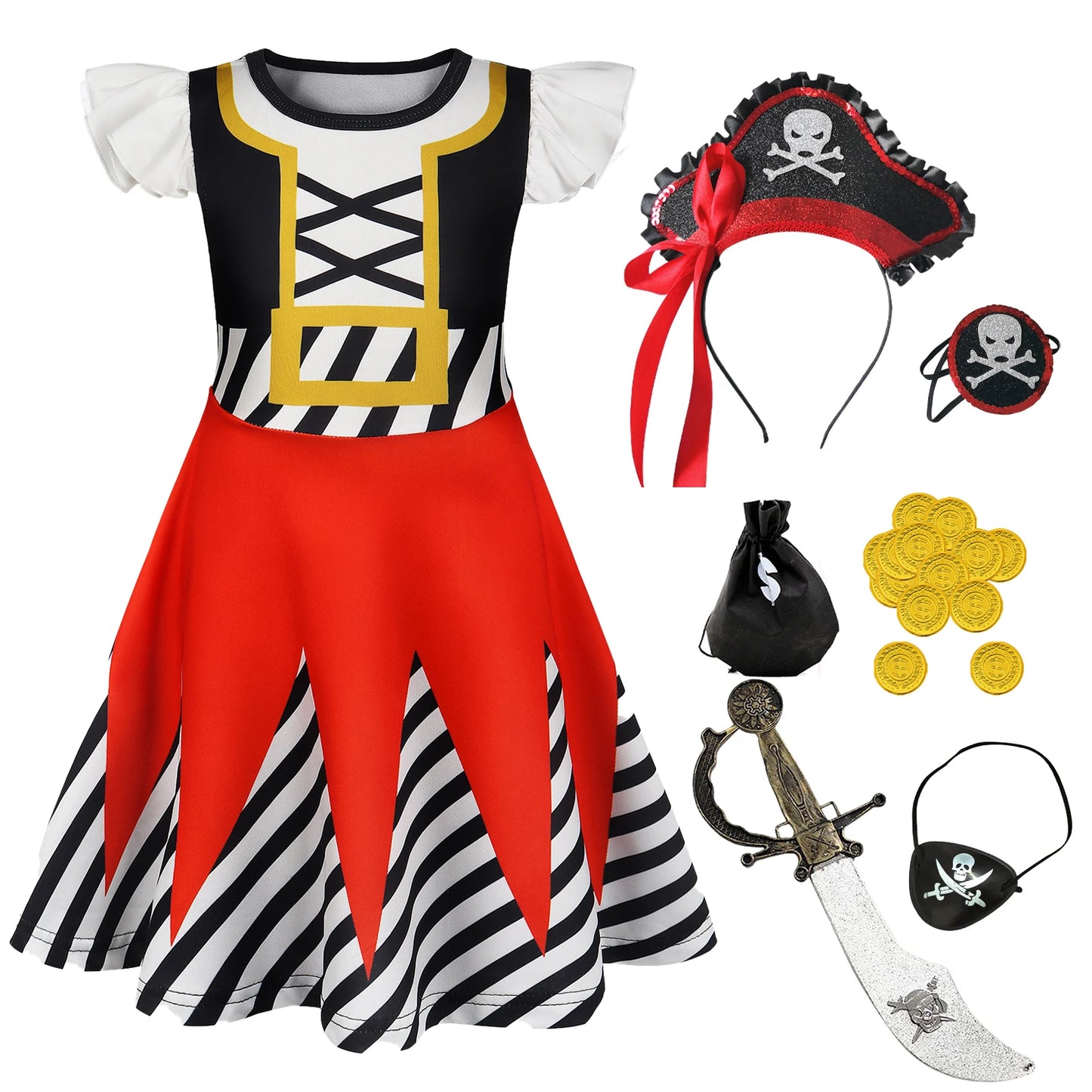 Girls Pirate Costume Dress up Kids Buccaneer Cosplay Outfits Birthday Party Dress Halloween Princess Dresses With Accessories