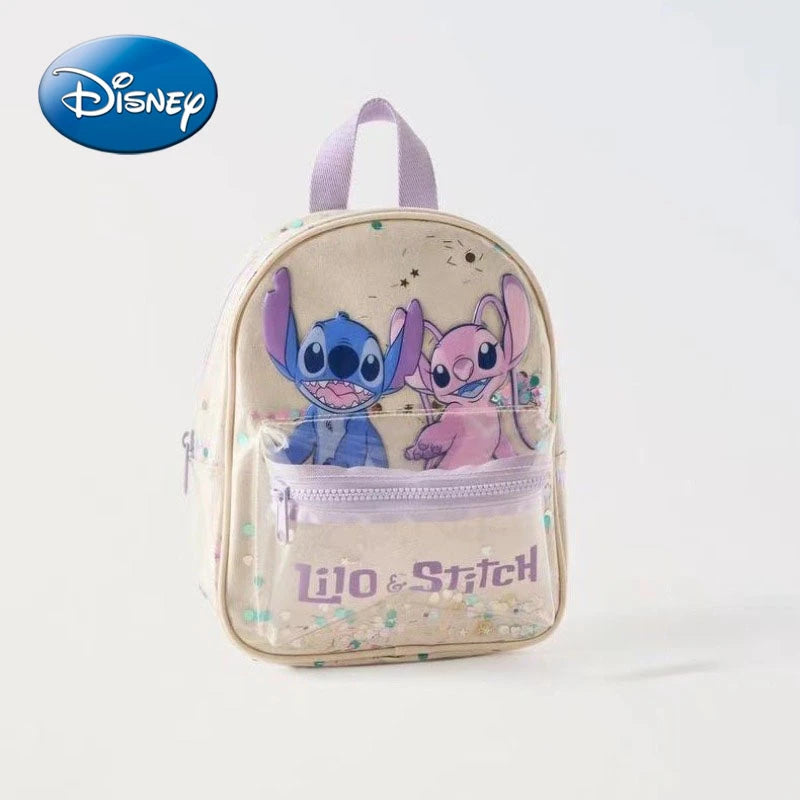 New Disney Off-white Stitch Printed Transparent Sequin Star Decoration Cute High-quality Backpack for Boys and Girls