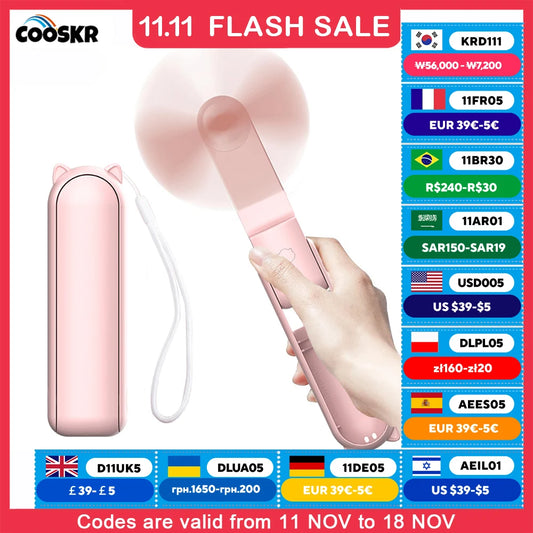 Portable Fan 2000mAh USB Rechargeable 3 Speed Mini Handheld Foldable Fan Hand Held Small Pocket Travel Fan with Handy Power Bank