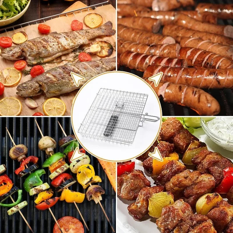 Grill Basket Stainless Steel Large Folding Grilling Baskets Portable Outdoor Camping BBQ Rack for Fish Cooking Accessories