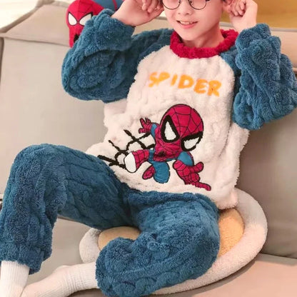 Winter Disney Children Clothing Boys Sleepwear Set Flannel Thick Long Sleeve Warm Set Pajamas Two Pieces Kids Clothes Spiderman