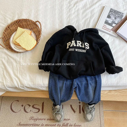 Korean Style Loose Letter Print Hooded Newborn Baby Hoodies Long Sleeve Autumn Winter Infant Sweatshirt for Boys Girls